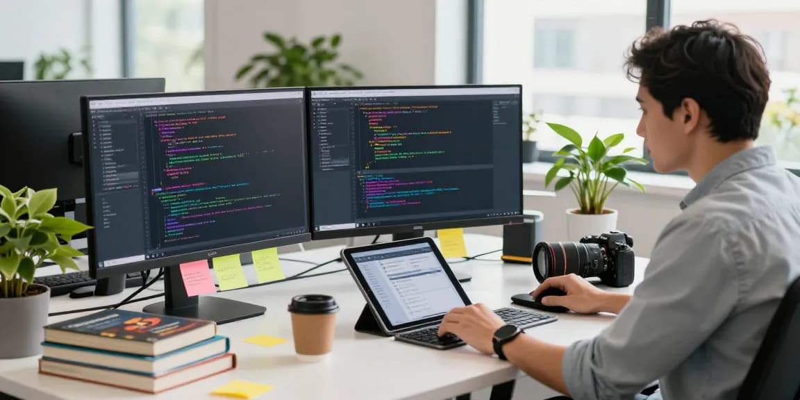 WPS Official Website showcased in a modern tech workspace filled with monitors, code, and collaboration tools.