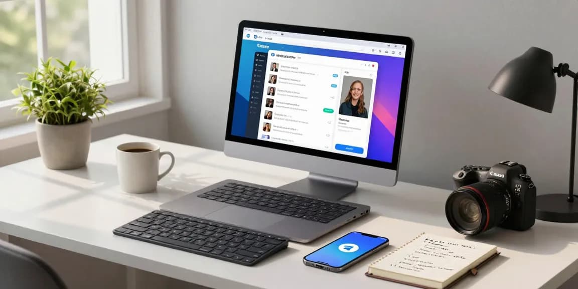Engaging with Telegram Web Version on a modern laptop in a stylish workspace.